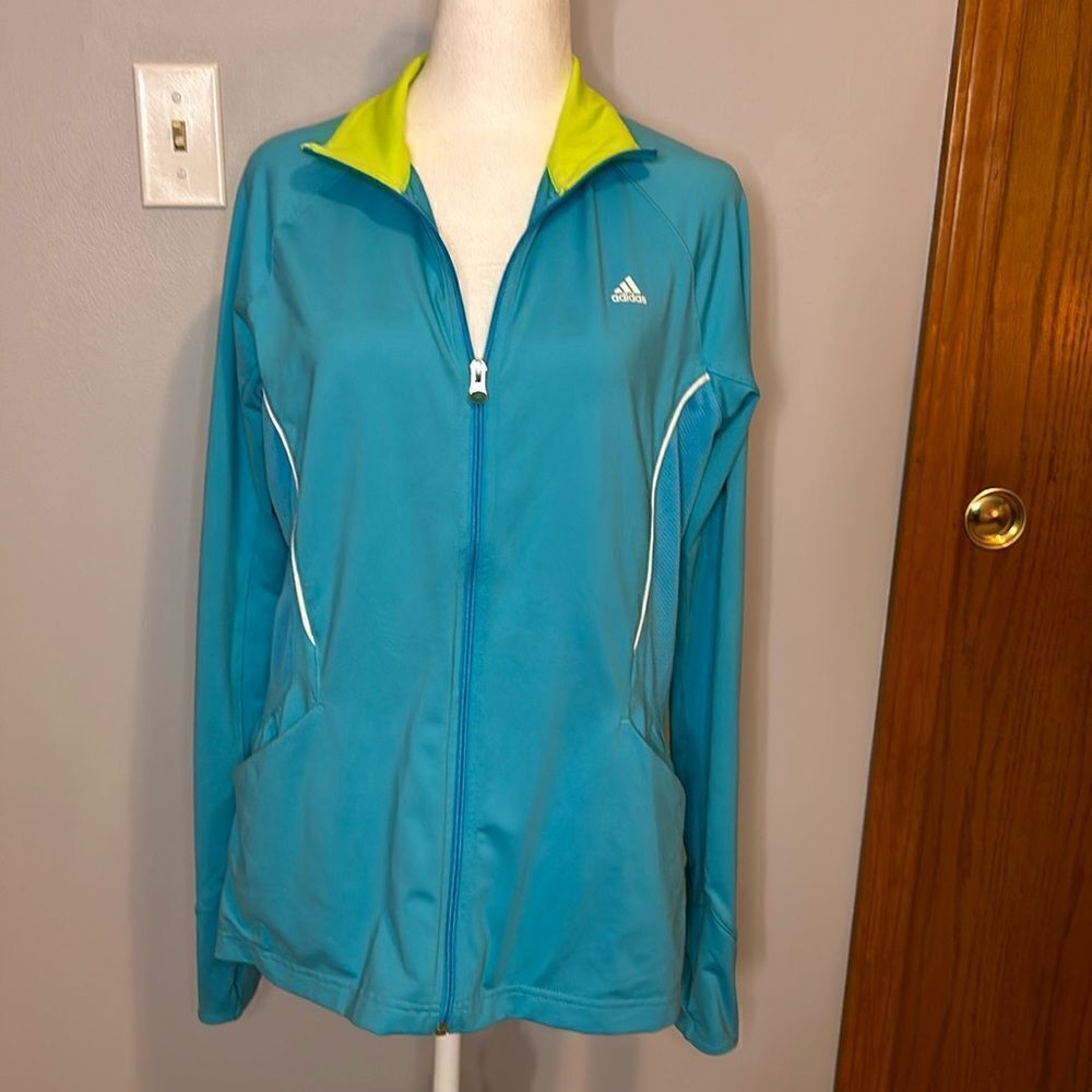 Adidas women’s track jacket turquoise green trim full zip size L BIN E